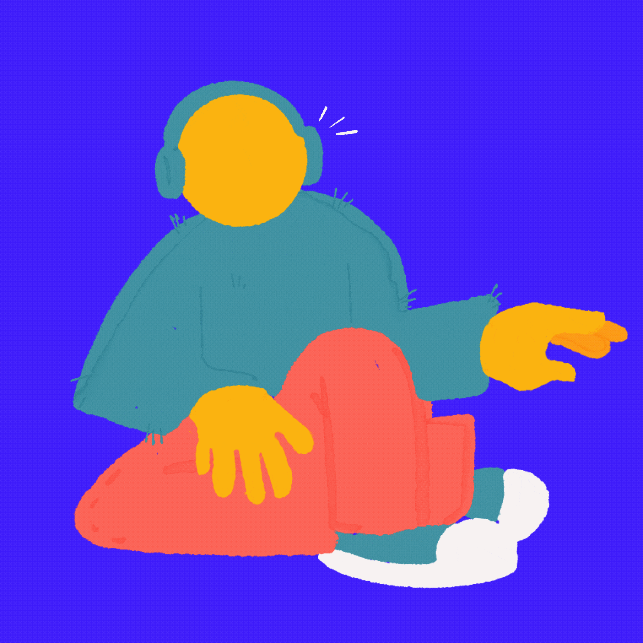 Gif d'un bonhomme jaune qui écoute de la musique sur un fond bleu.