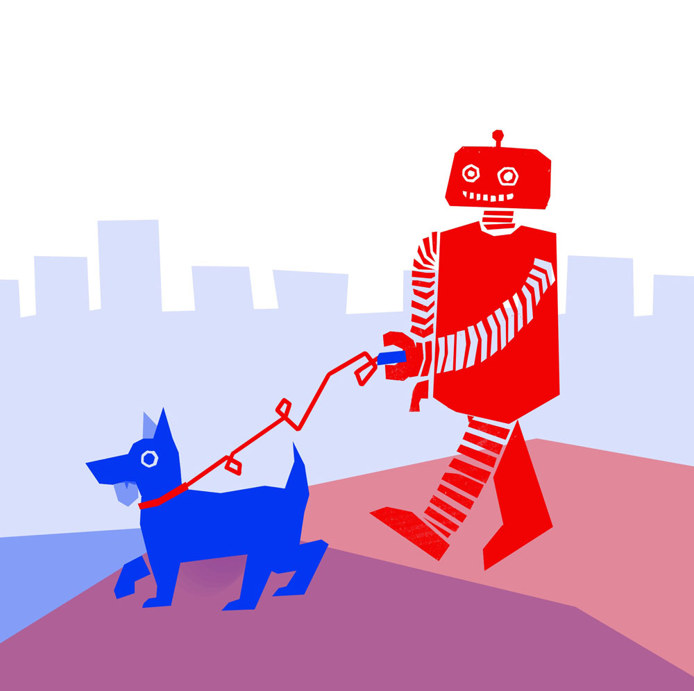 Illustration d'un robot qui promène un chien. L'illustration est de couleur rouge et bleu.