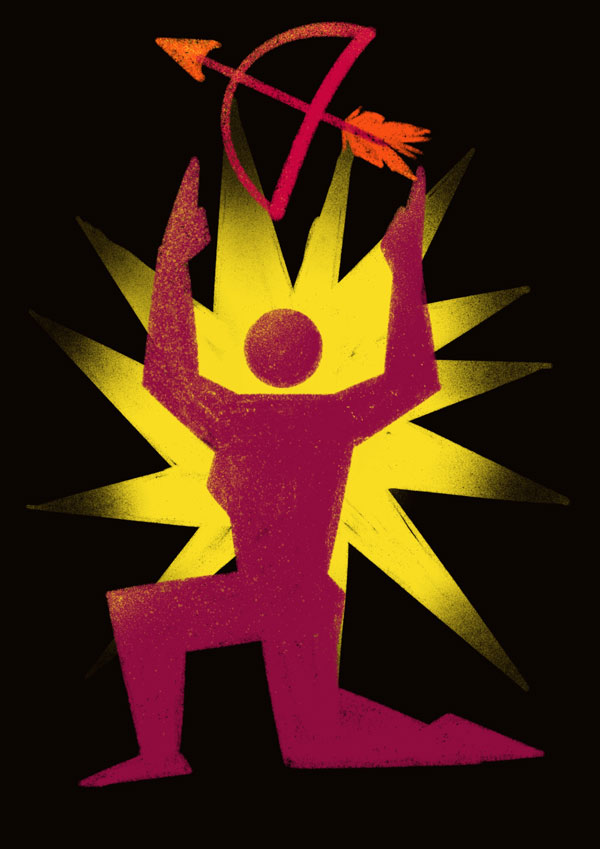 Illustration d'une deuxième femme géométrique, qui agenouillé brandit ses deux mains vers le ciel, ou un arc est entre ces deux bras.