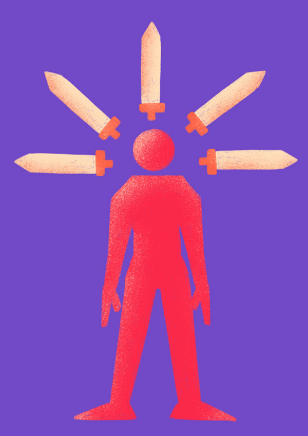 Illustration géométrique d'une femme ou des épées entourent sa tête comme un ornement. L'illustration est de couleur violette, rose et beige.