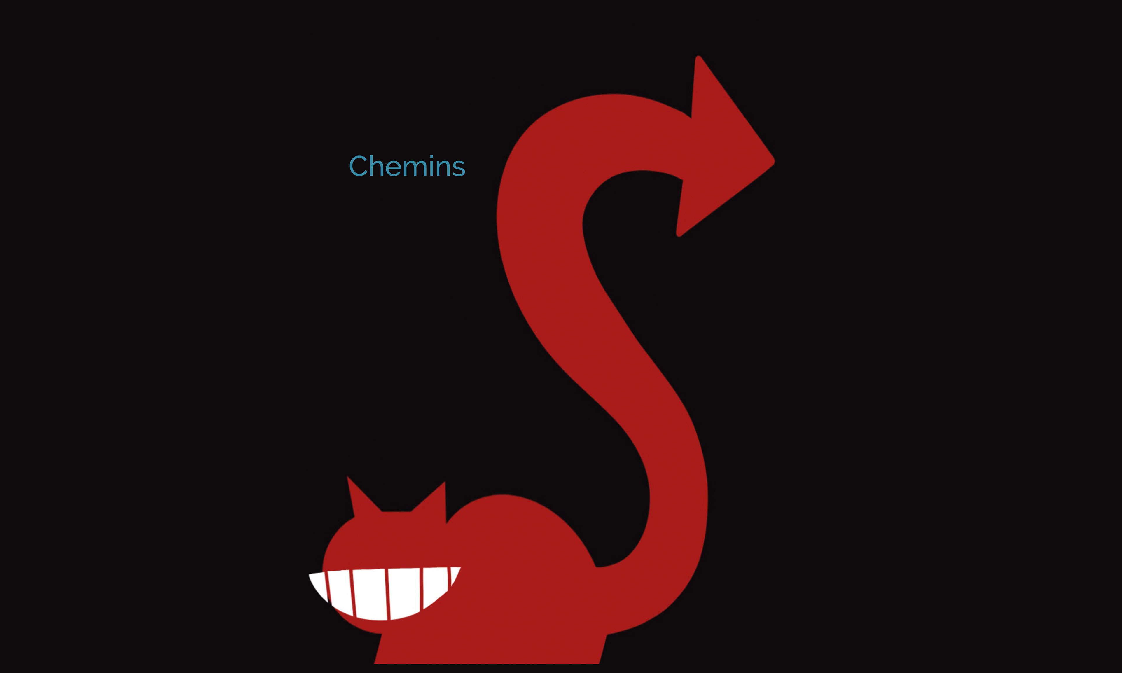 Illustration du Chat de cheshire dans Alice Au pays des merveilles. Sa queu illustre une fléche pour montrer le chemin.