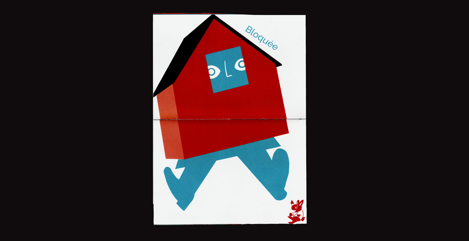 Scan d'une page de mon livre, ou Alice est bloquée dans la maison du lapin. Le lapin est en bas de la page, à droite abasourdie par la situation.