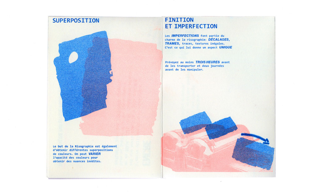 Double page, qui explique la particularité de cette technique comme la superposition de couleur ou encore les imperfections de celle-ci.