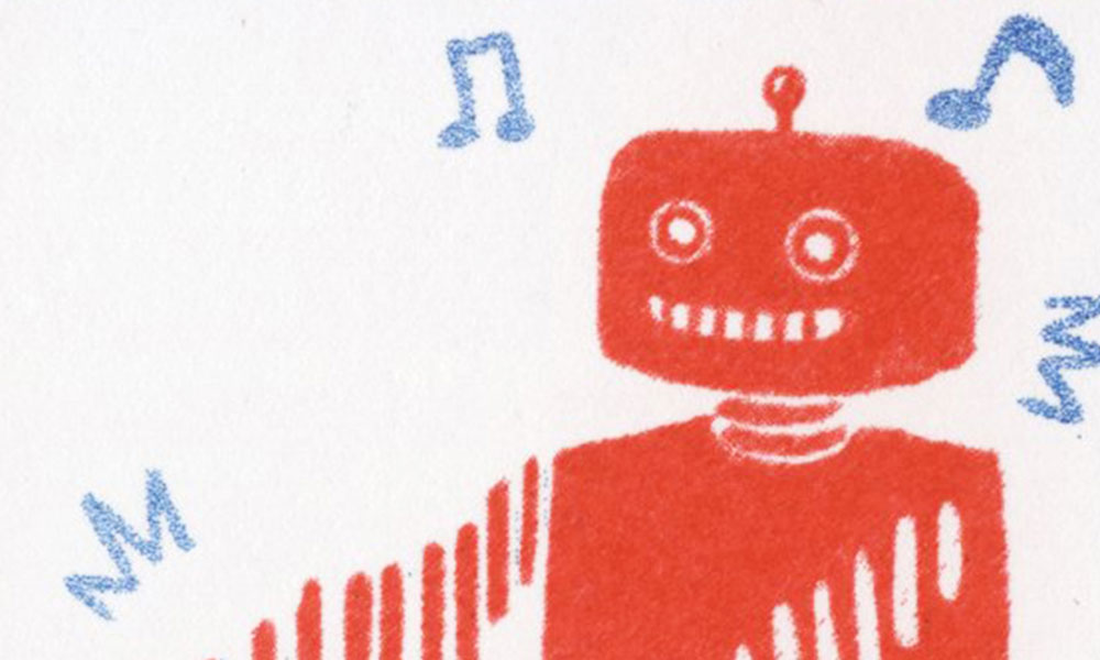 Image du robot qui danse, impression final en risographie. 