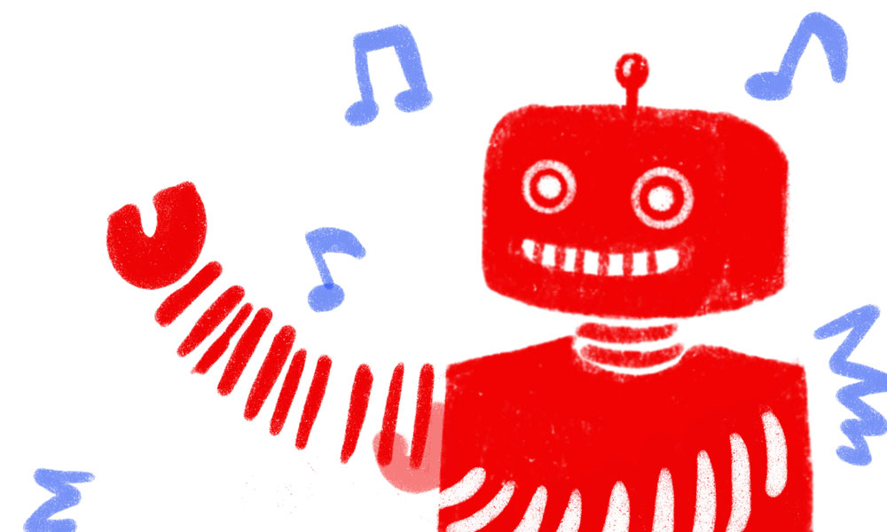 Dessins originaux avant l'impression en risographie, Image du robot qui danse. 