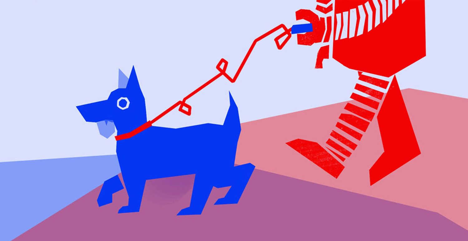 lDessins originaux avant l'impression en risographie, dans un styles plus géométrique, qui était une deuxième proposition de styles graphique. Image du Chien et du robot qui se proméne.