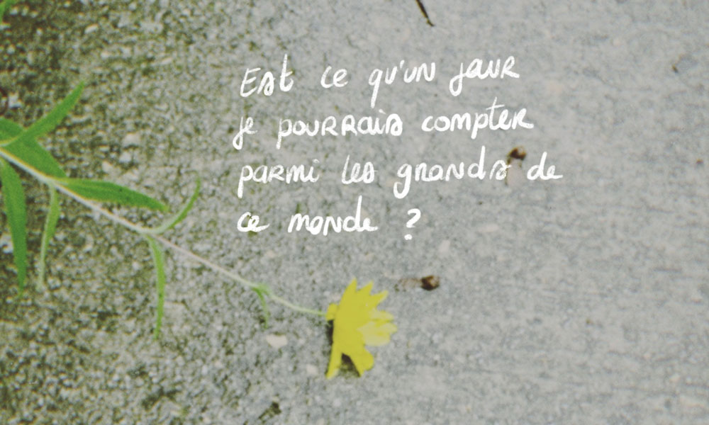 Photographie d'une fleur sur le sol, ou un texte manuscrit se superpose, des paroles de Luidji.